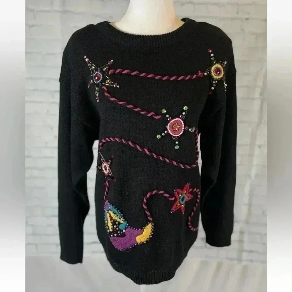 Vintage boho Western chic Cowboy Sweater Black beaded Jewel boots star Woman’s M